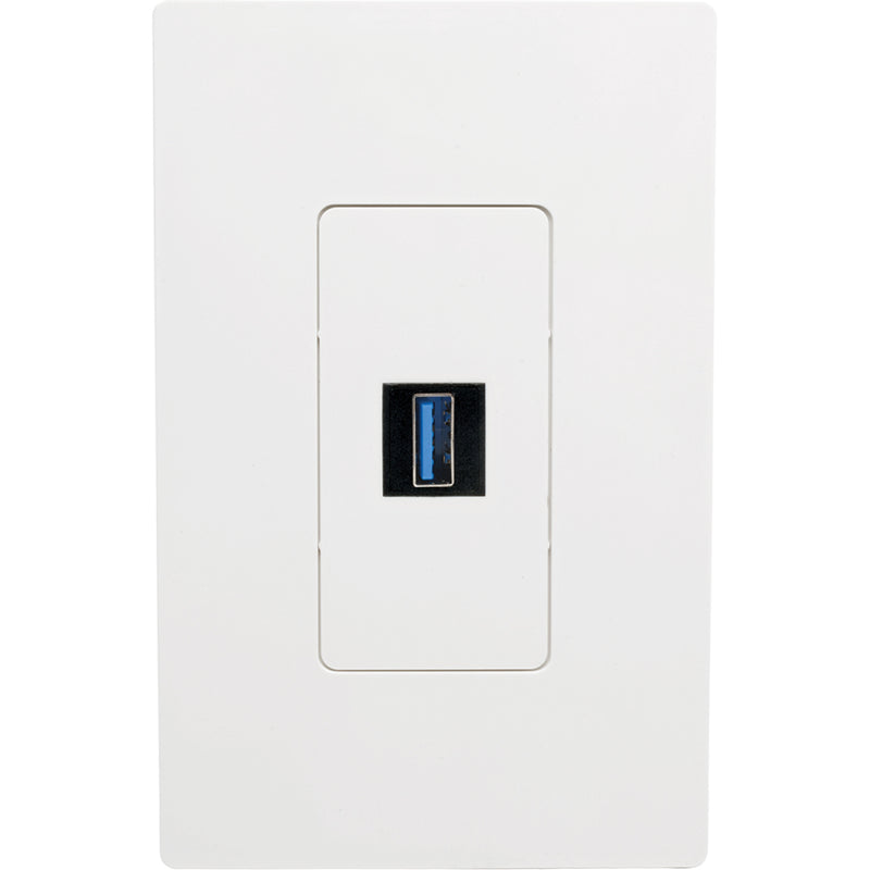 USB 3.0 coupler installed in white wall plate showing clean integration