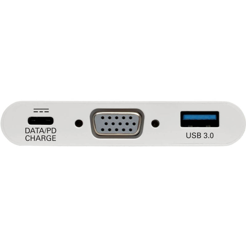 Close-up view of Tripp Lite adapter ports showing DATA/PD charge, VGA, and USB 3.0 connections