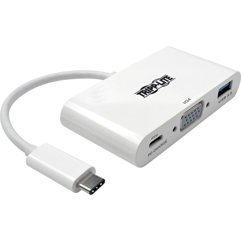 White Tripp Lite USB-C multiport adapter featuring VGA, USB 3.0, and PD charging ports