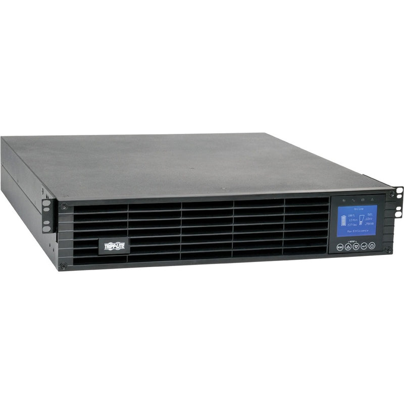 Front angled view of Tripp Lite SUINT1000LCD2U rack-mounted UPS system with LCD display