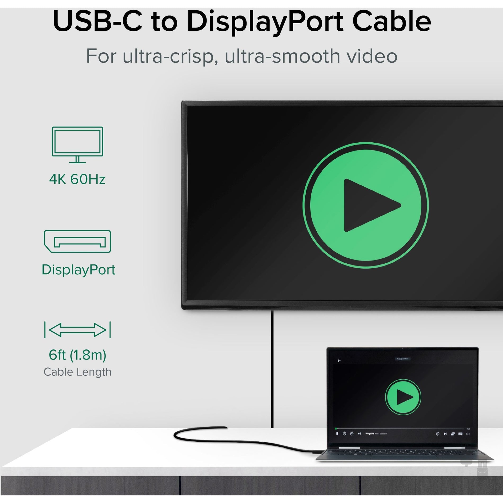 Plugable USBC-DP USB-C to DisplayPort Adapter Cable, 6 ft - Connect Your Devices with Ease