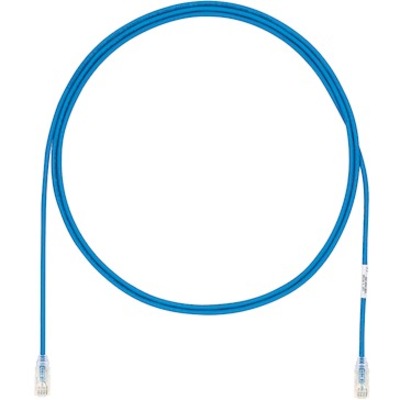 Panduit Cat.6a UTP network patch cable in blue with clear RJ-45 connectors on both ends, coiled in a circular shape