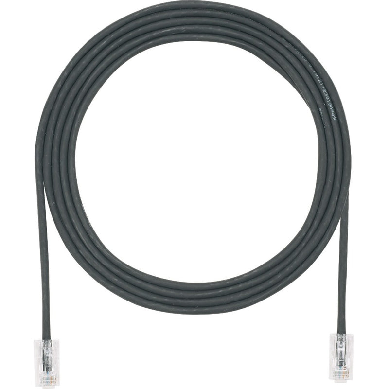 Panduit Cat.6a UTP black network patch cable with clear boots and RJ-45 connectors, coiled in circular shape