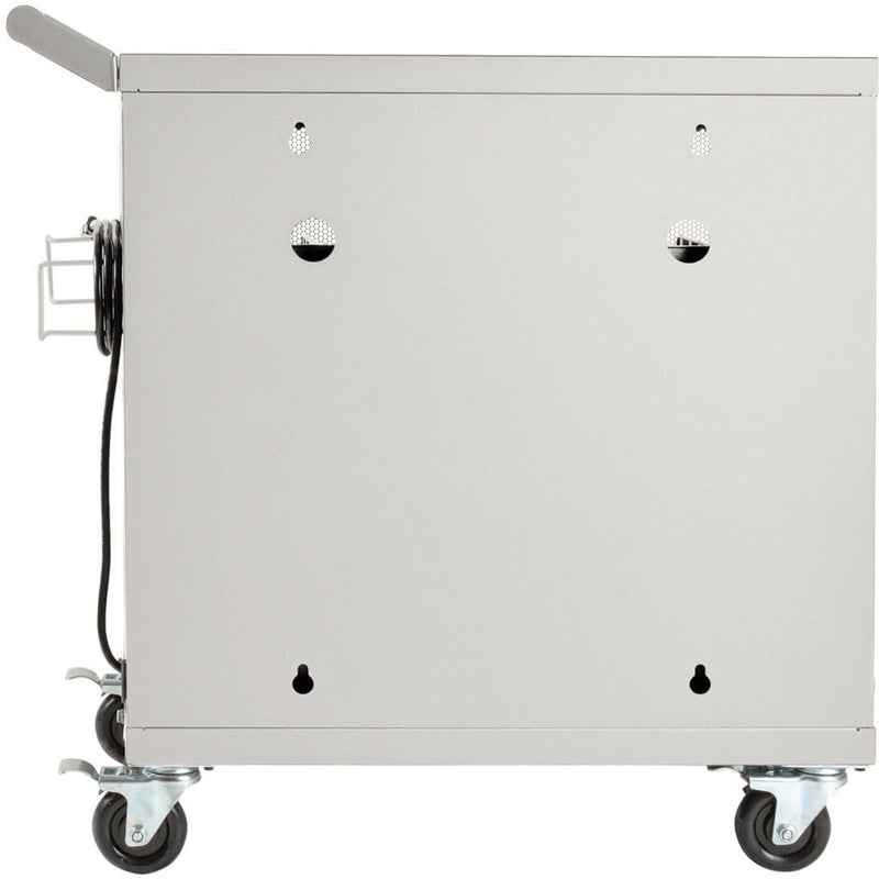 Side profile of charging cart showing mobility features and ventilation