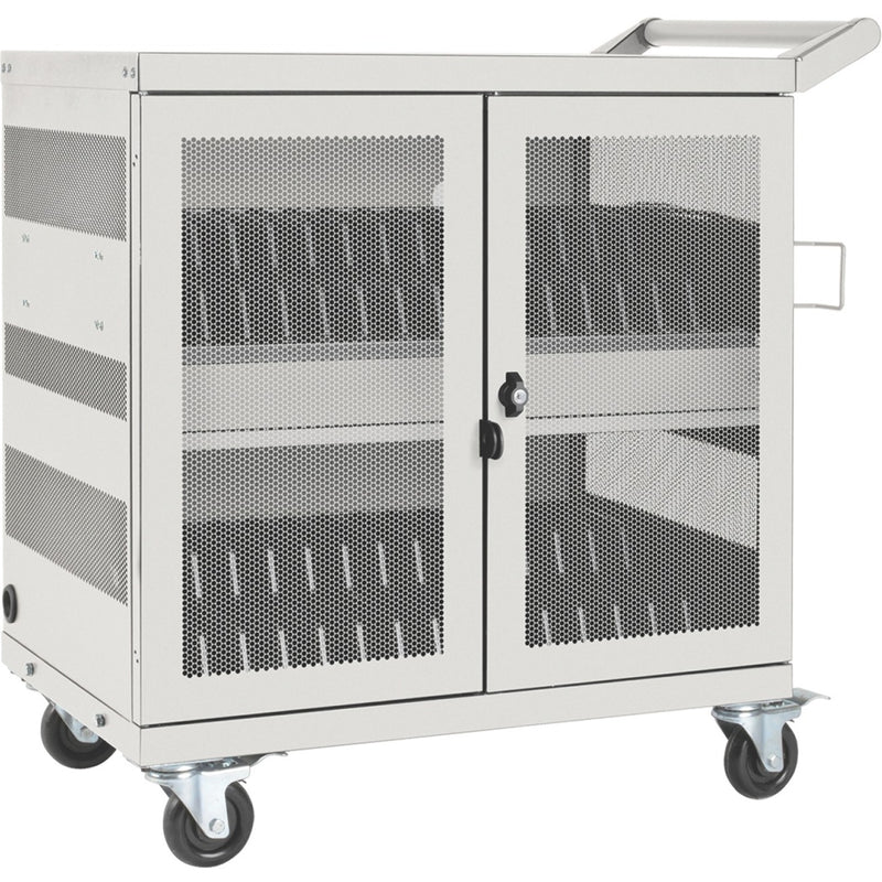 Front view of charging cart with perforated ventilation panels and security features