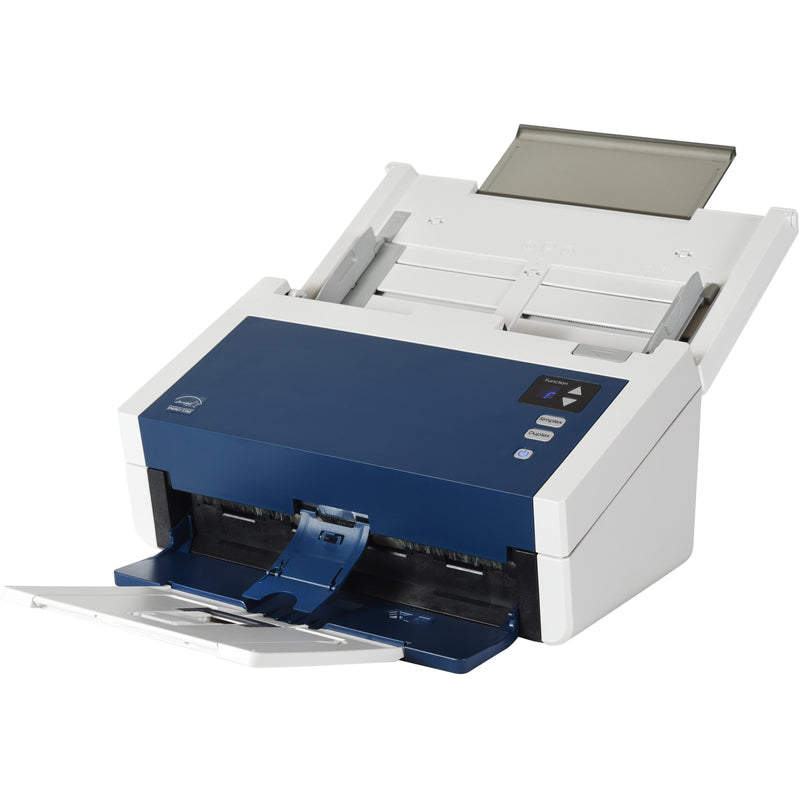 Xerox DocuMate 6440 scanner in white and navy blue with open document feeder and output tray