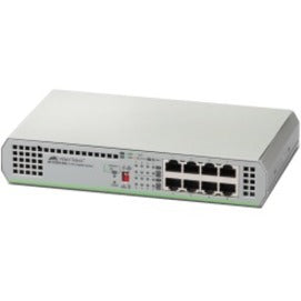 Allied Telesis AT-GS910/8 8-port Gigabit Ethernet switch featuring metal housing with front-facing ports and status LEDs