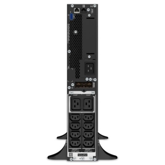 Rear panel view of APC Smart-UPS SRT 3000VA displaying output receptacles and communication ports