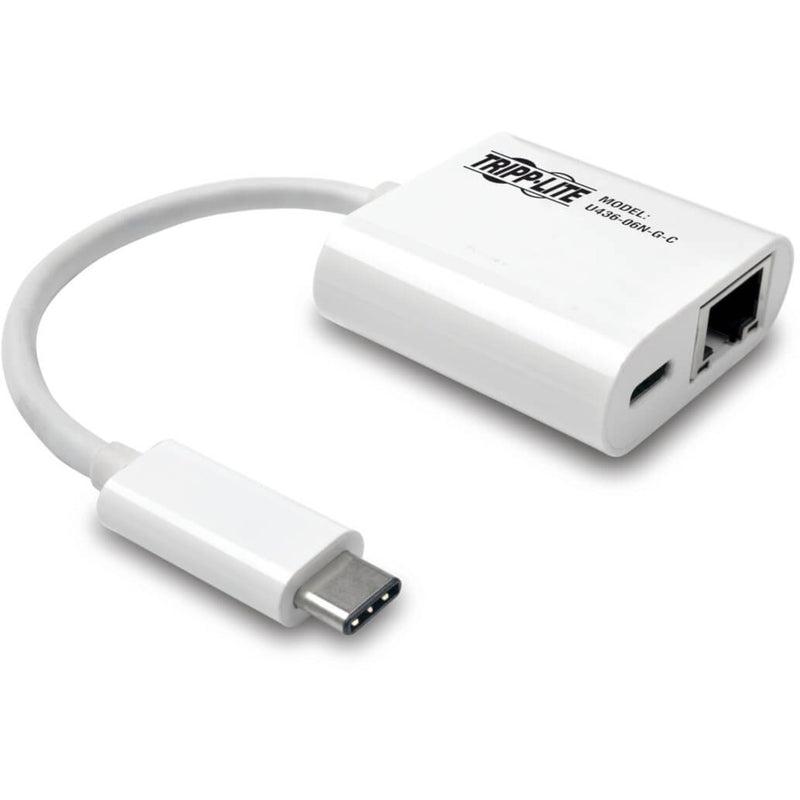 White Tripp Lite USB-C to Ethernet adapter showing USB-C connector and RJ45 port