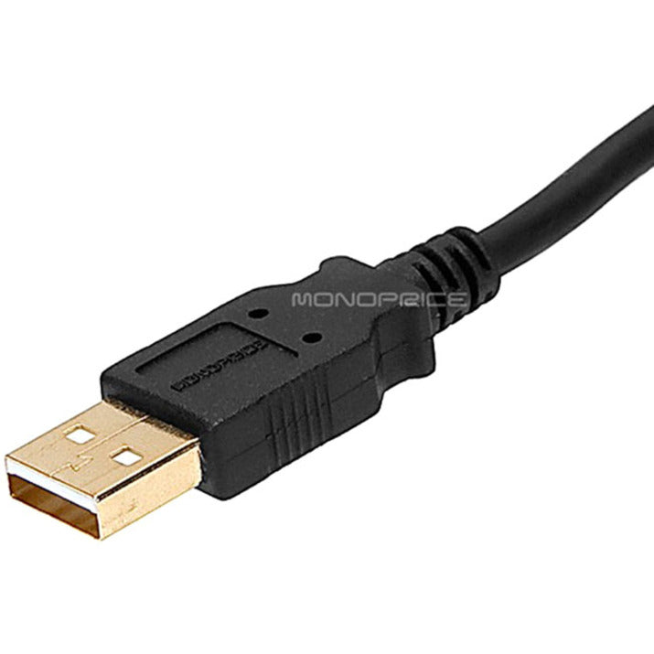 Close-up of gold-plated USB Type-A male connector with Monoprice branding