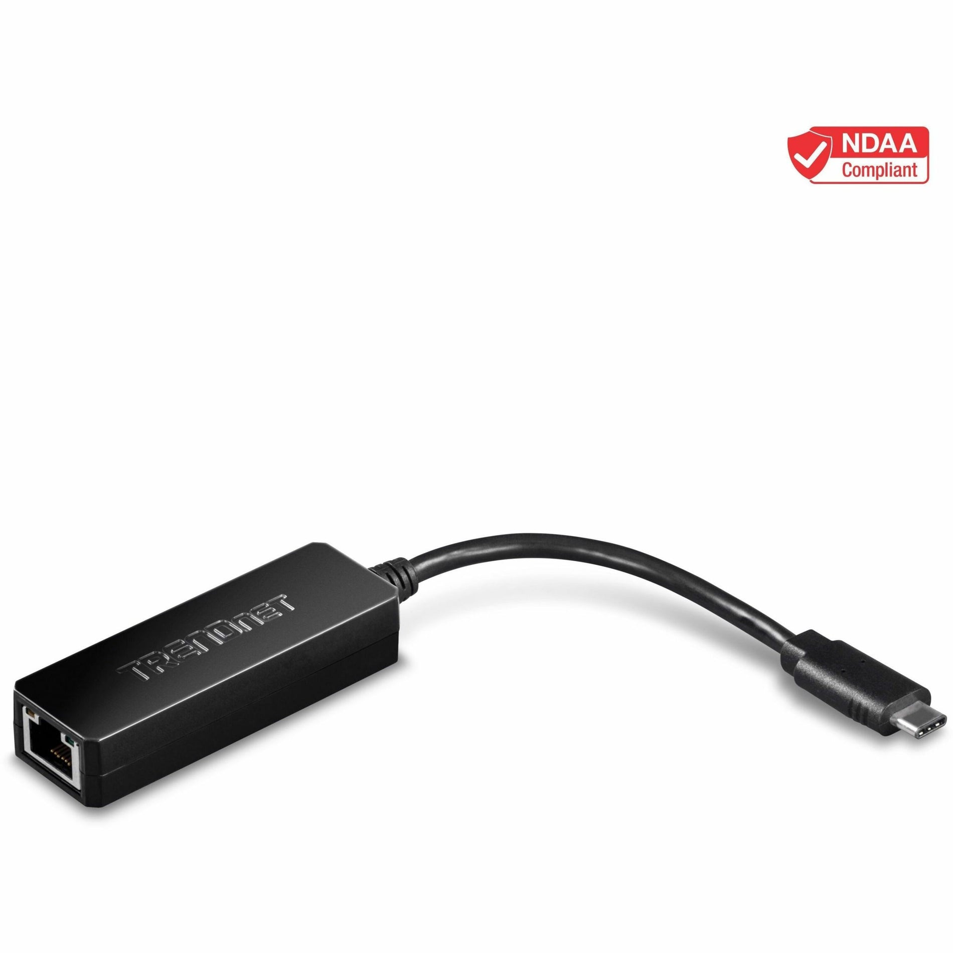 TRENDnet USB-C to Gigabit Ethernet adapter shown from side angle with NDAA compliance badge-alternate-image1