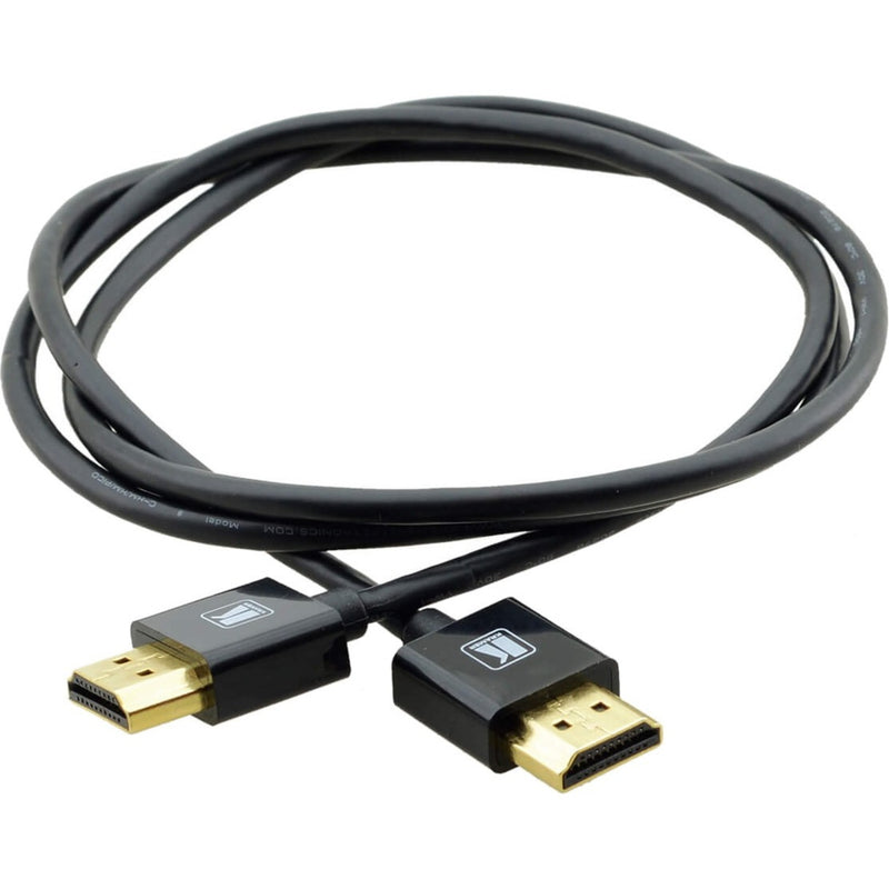 Ultra-slim black HDMI cable with gold-plated connectors showing flexible cable design and compact connector heads