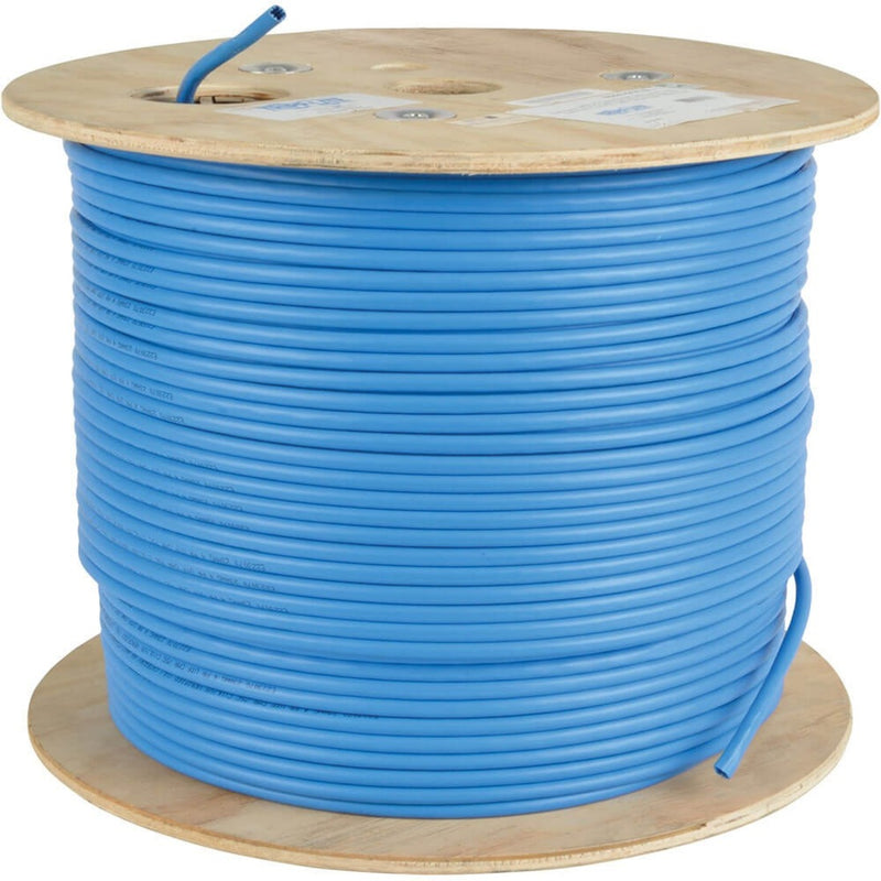 Large wooden spool of blue Cat6a network cable showing 1000 feet of premium bulk cable