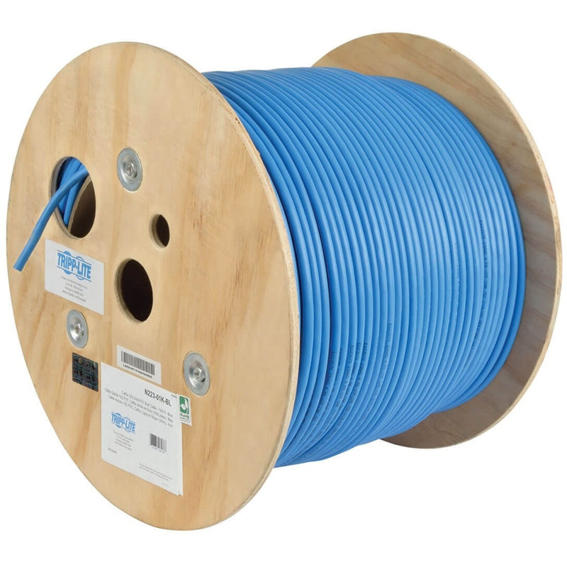 Side view of wooden cable spool showing Tripp Lite branding and product specifications