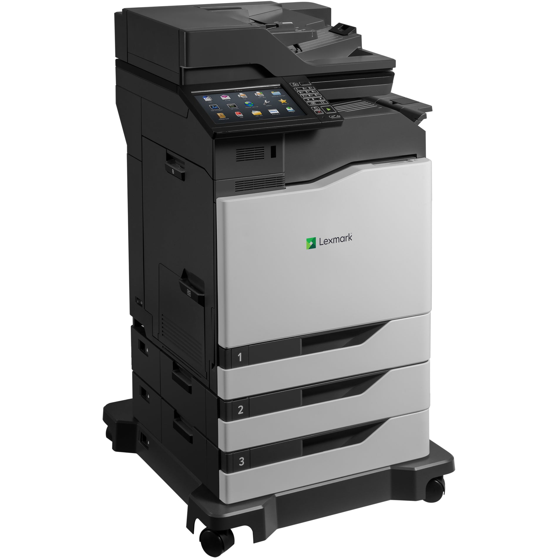 Side angle view of Lexmark CX860dtfe printer showing modular tray system and mobile base design-alternate-image2