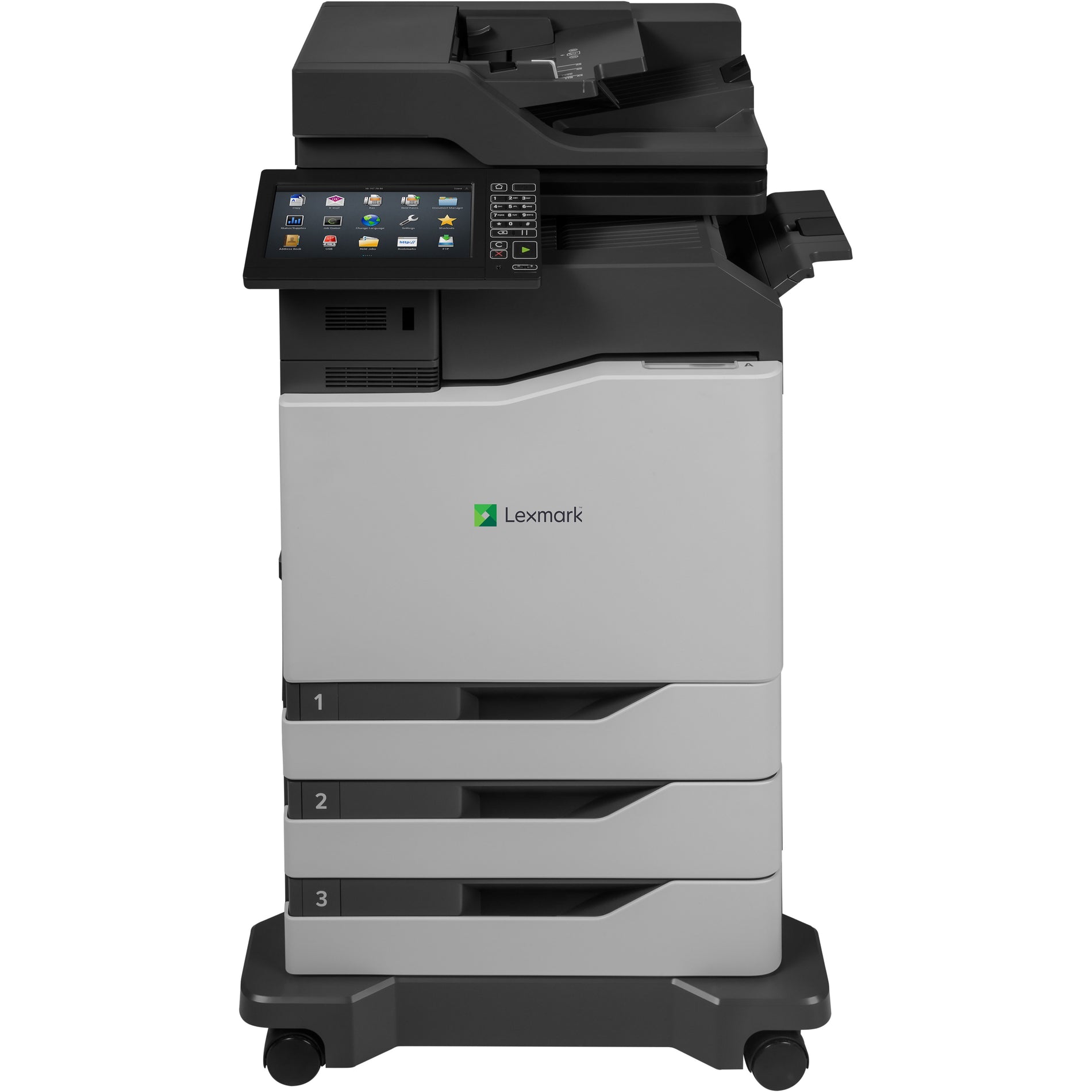 Front view of Lexmark CX860dtfe multifunction printer showing 10-inch touchscreen display and three paper trays on wheeled base-alternate-image1