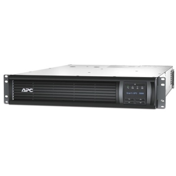 Front view of APC Smart-UPS 3000VA LCD rack mount UPS system showing LCD display panel and ventilation grills