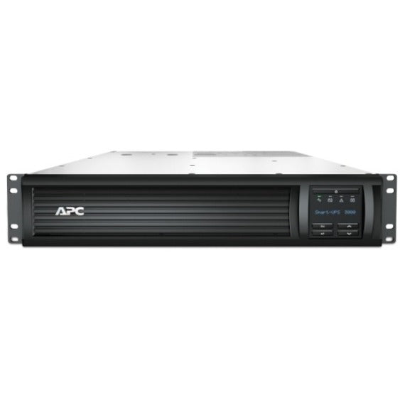 Angled view of APC Smart-UPS 3000VA rack mount UPS showing sleek profile and LCD display