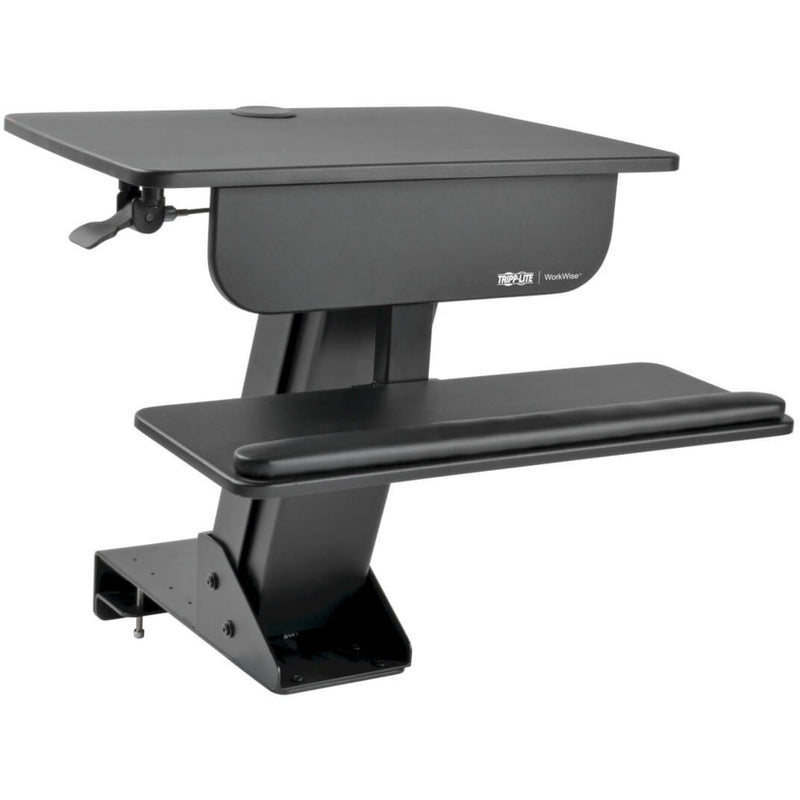 Side view of black WorkWise sit-stand desk converter showing monitor platform and keyboard tray