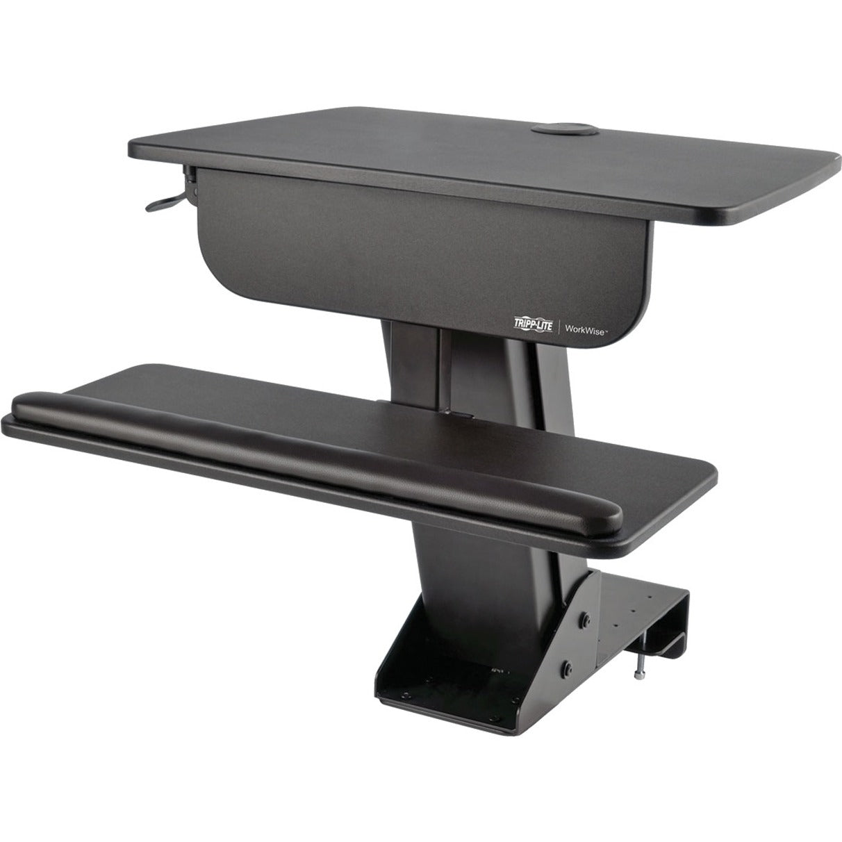 Angled view of WorkWise sit-stand converter highlighting keyboard platform and monitor shelf-alternate-image2