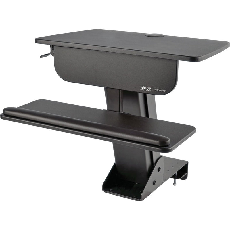 Angled view of WorkWise sit-stand converter highlighting keyboard platform and monitor shelf