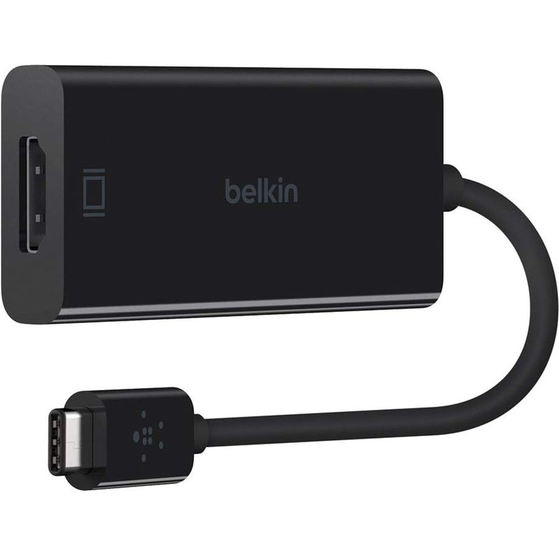 Belkin USB-C to HDMI adapter in black featuring a curved cable design with USB-C male and HDMI female ports