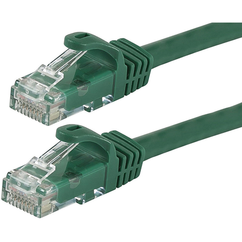 Close-up view of green Cat6 ethernet cable RJ-45 connectors showing gold-plated contacts and snagless boot design