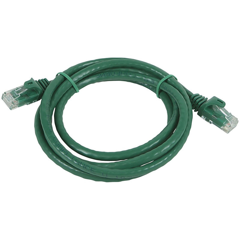 Green Cat6 ethernet patch cable coiled showing both RJ-45 connectors and FLEXboot design