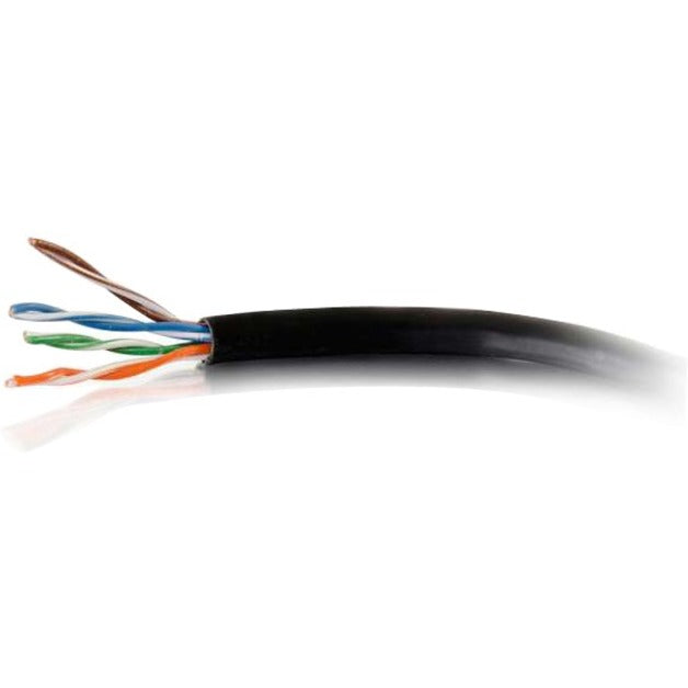 Close-up view of C2G Cat6 bulk ethernet cable showing exposed color-coded internal conductors and black outer jacket