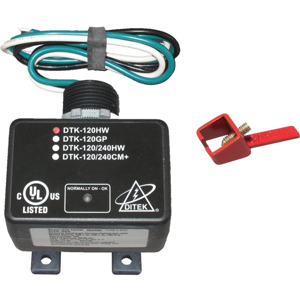 DITEK DTK-120HWLOK surge protector with status indicator, mounting brackets, and red security lockout mechanism-alternate-image1