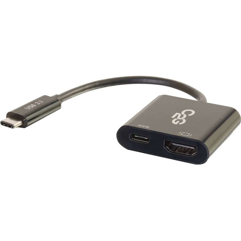 Close-up view of C2G USB-C to HDMI adapter showing USB-C connector and dual ports