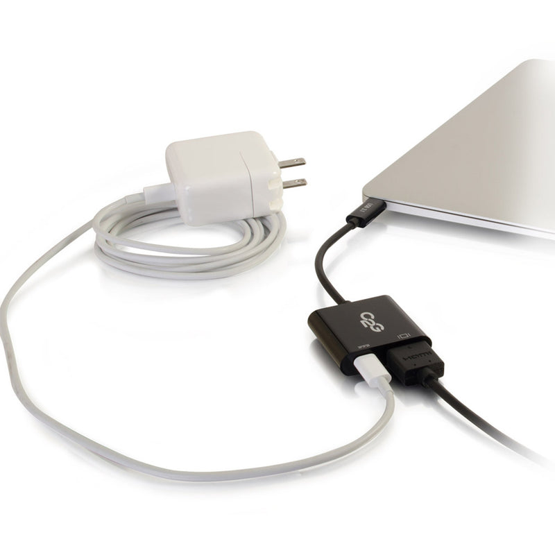 C2G USB-C adapter connected to power adapter and laptop showing charging functionality