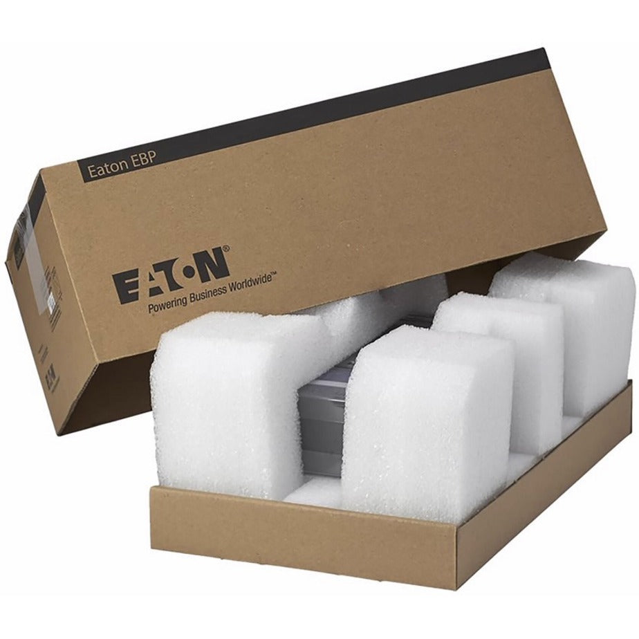 Eaton EBP-0807 UPS battery pack shown in protective packaging with foam inserts and brown cardboard box-alternate-image1