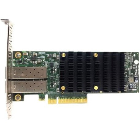 Chelsio T6225-SO-CR dual-port 25GbE network adapter with black heatsink and dual SFP28 ports mounted on a green PCB-alternate-image1