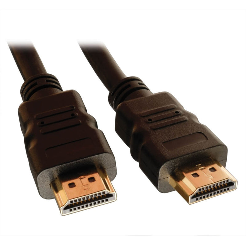 Close-up view of gold-plated HDMI connectors on Tripp Lite P569-001 cable showing premium construction and strain relief design