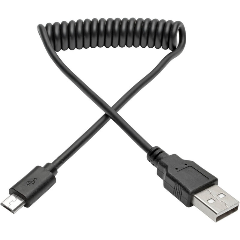 Black coiled USB Type-A to Micro-B cable showing full length with connectors