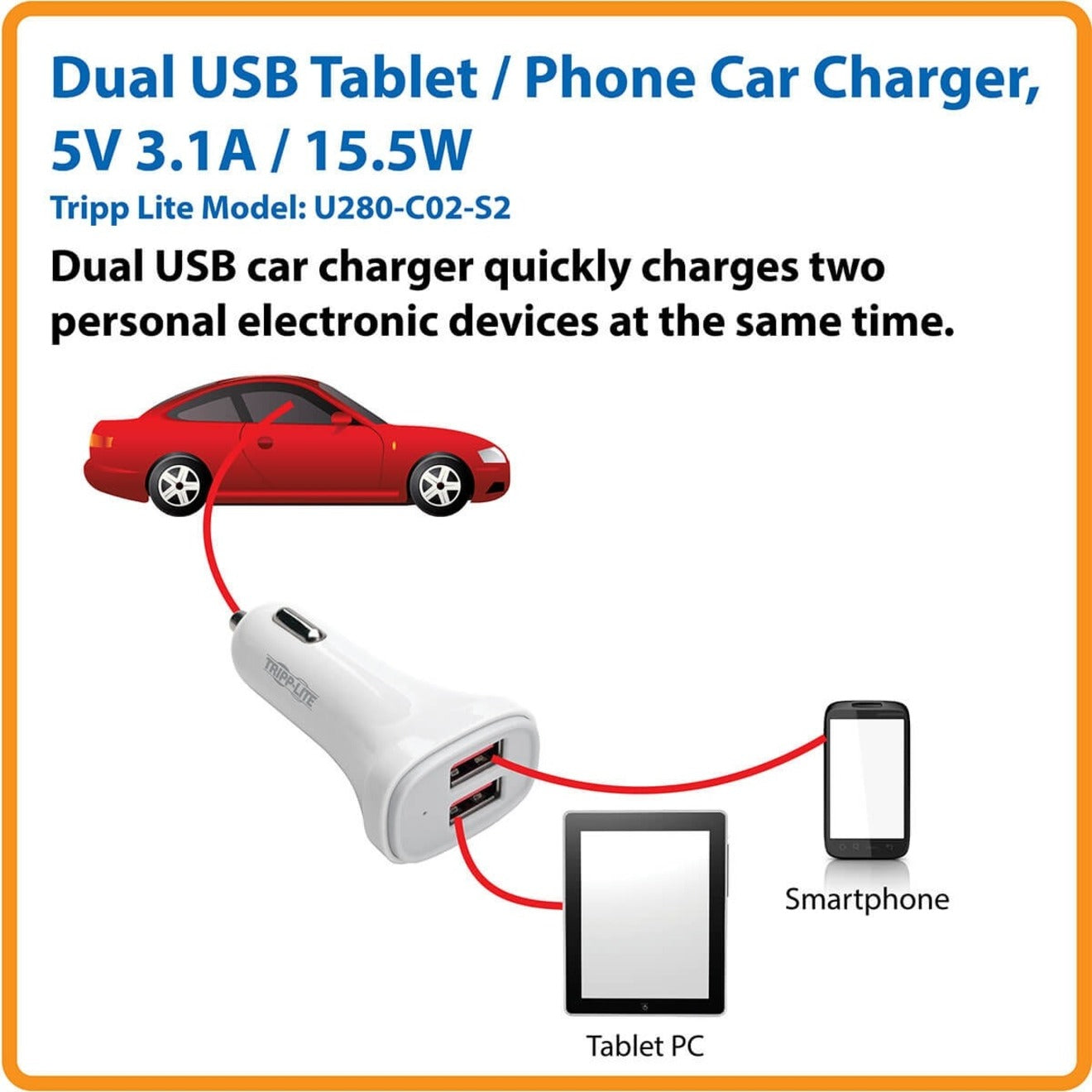 Infographic showing Tripp Lite car charger connected to car, tablet, and smartphone-alternate-image5