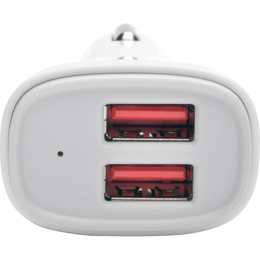 Close-up view of dual USB ports with red illumination on Tripp Lite car charger-alternate-image2