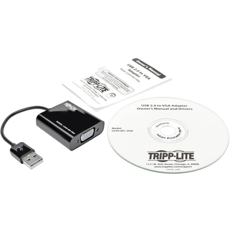 Tripp Lite USB to VGA adapter package contents including manual and driver CD