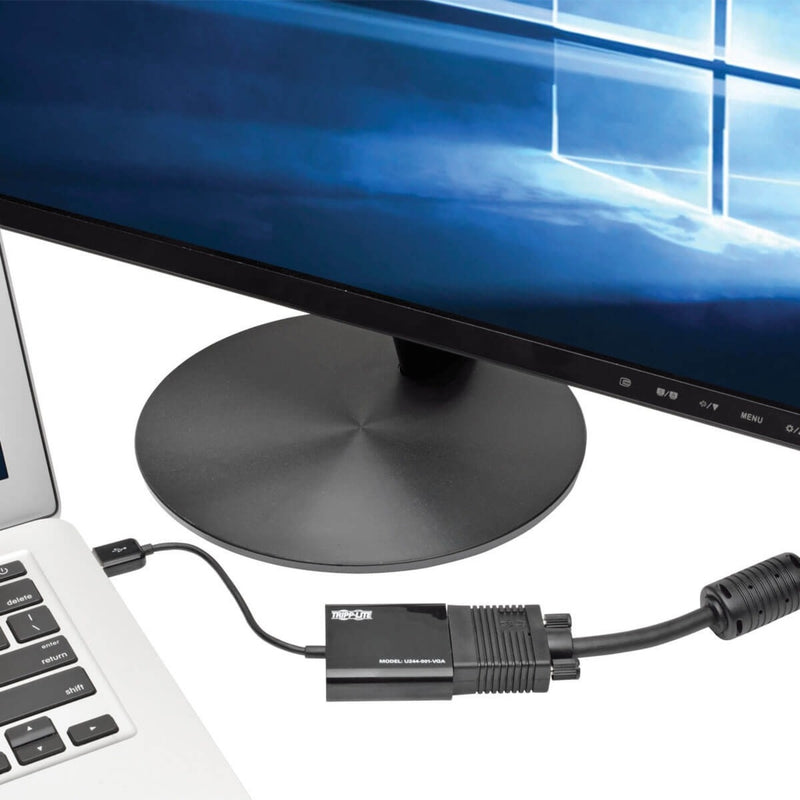 Tripp Lite USB to VGA adapter connected between laptop and monitor