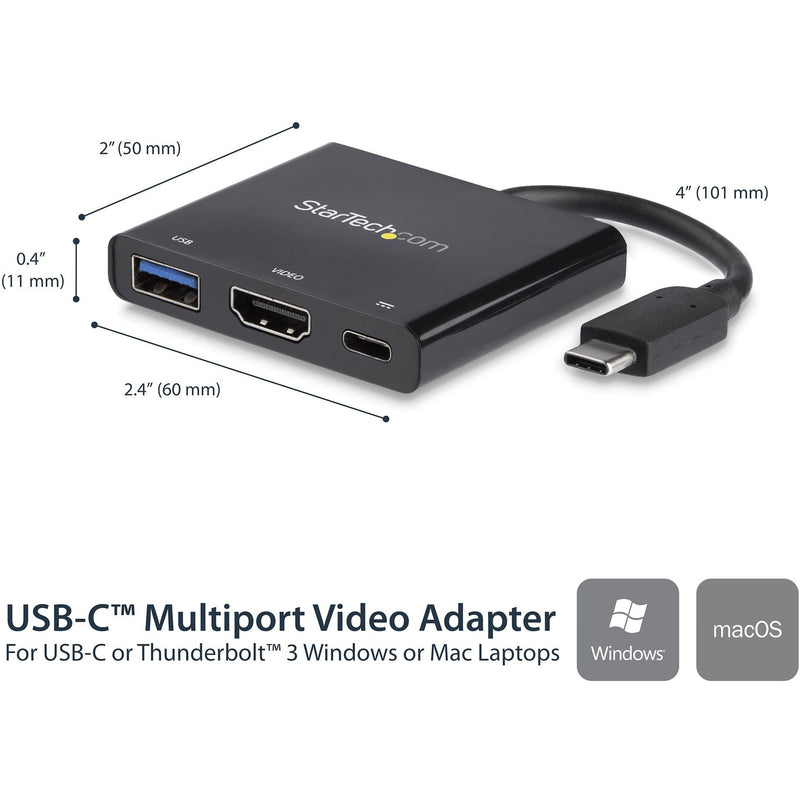 Dimensional diagram of StarTech.com USB-C adapter showing exact measurements and port layout