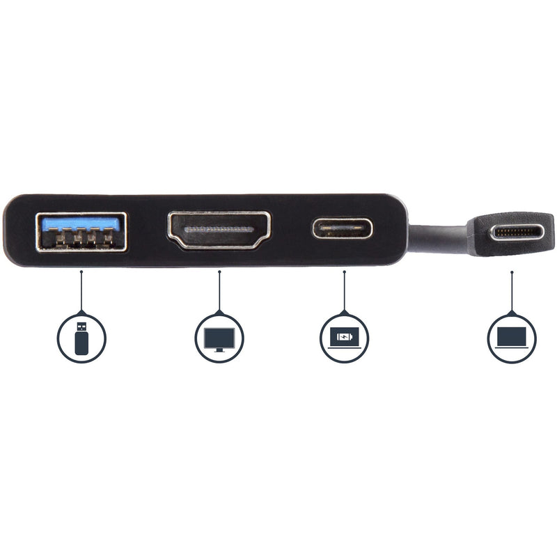 Close-up of StarTech.com adapter ports with identifying icons for USB, HDMI, and power delivery