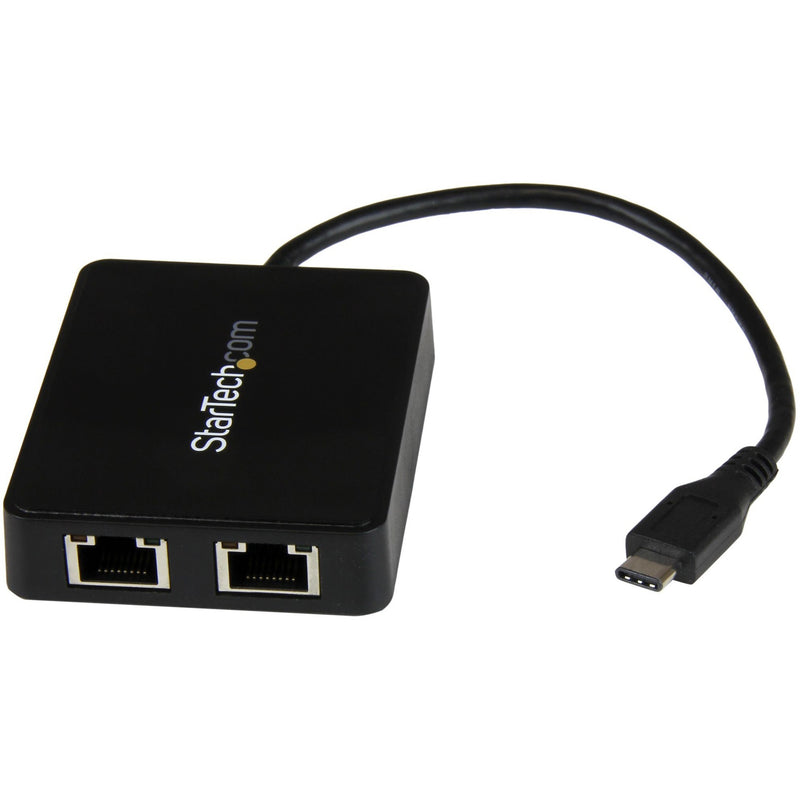 StarTech.com dual port Gigabit Ethernet adapter with USB-C connector showing two RJ-45 ports