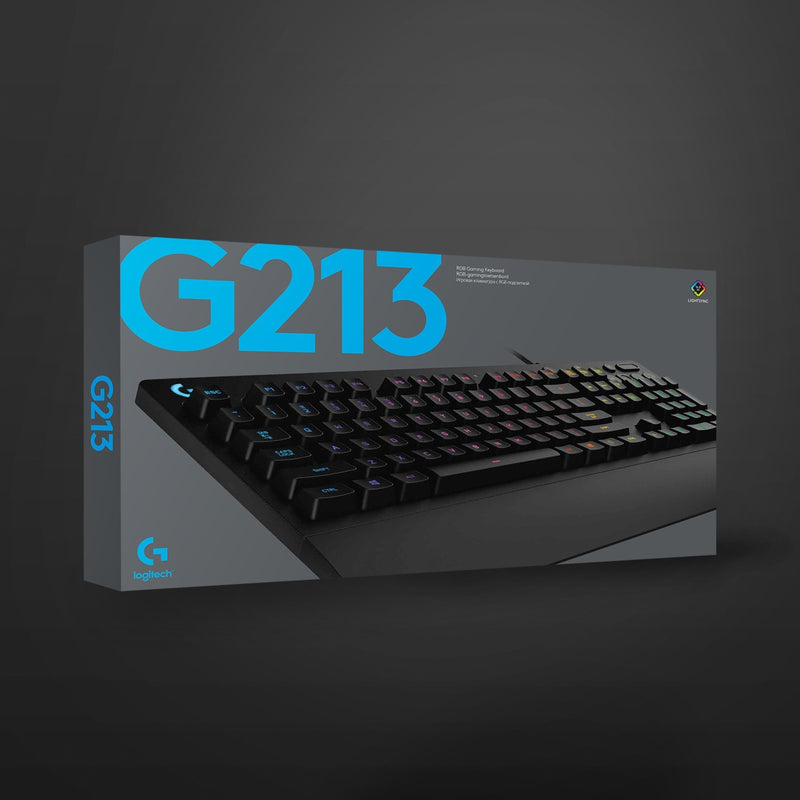 Retail packaging of Logitech G213 gaming keyboard