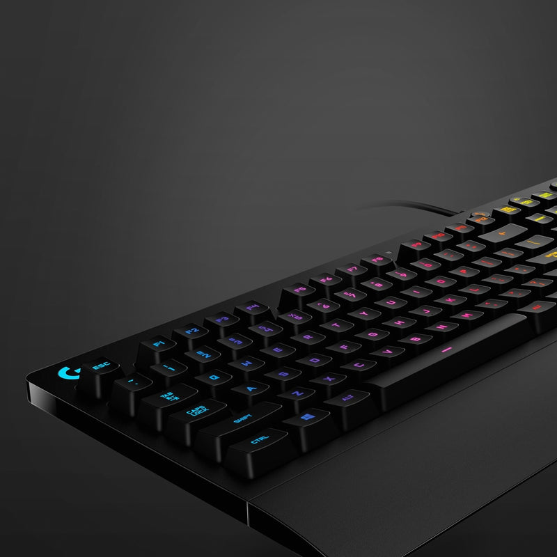 Artistic angle view of G213 keyboard highlighting design and lighting