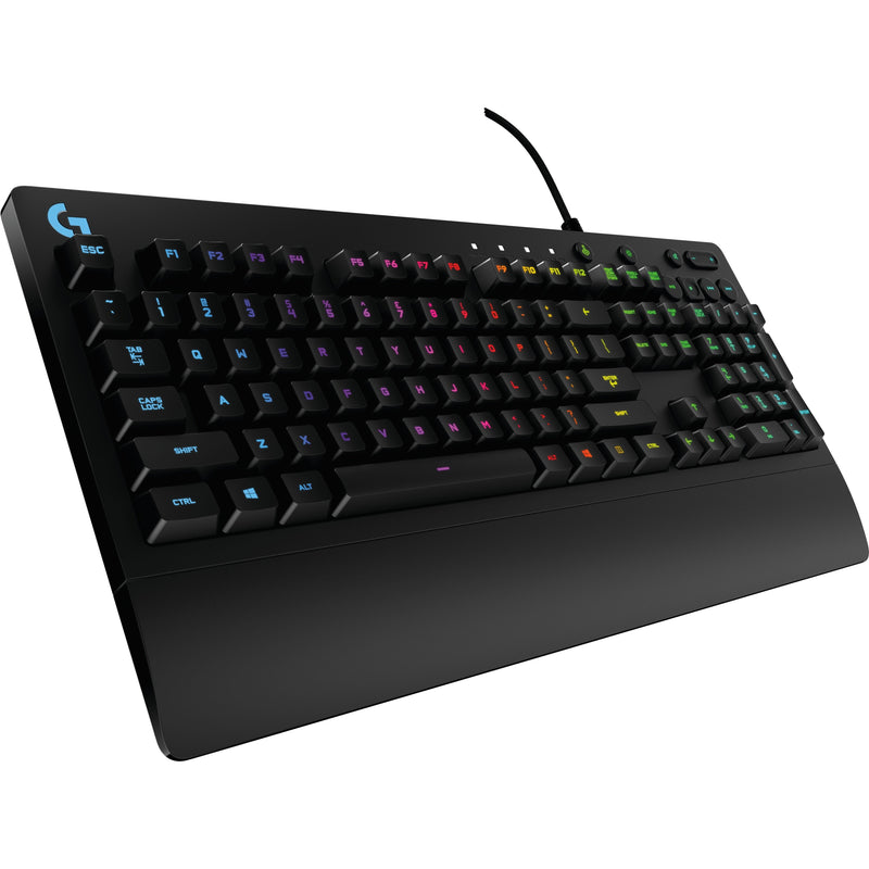 Angled view of Logitech G213 keyboard showing RGB lighting and key layout