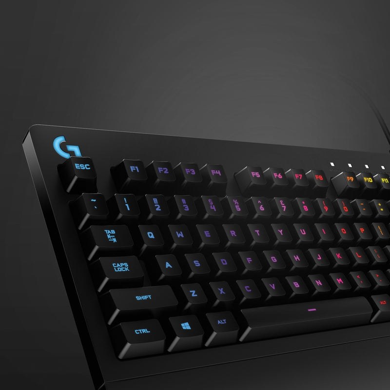 Close-up of G213 keyboard showing detailed RGB lighting effects