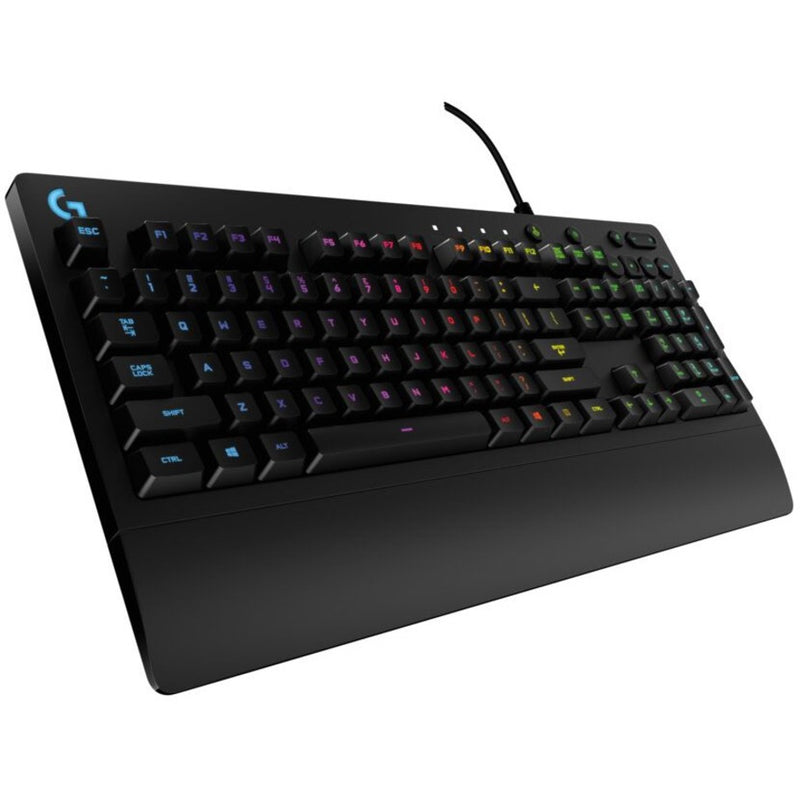 Logitech G213 Prodigy RGB gaming keyboard with illuminated keys in rainbow colors against white background