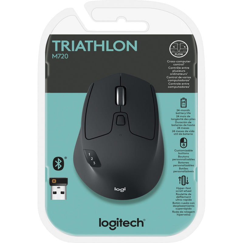 Retail packaging of Logitech M720 Triathlon mouse with feature highlights