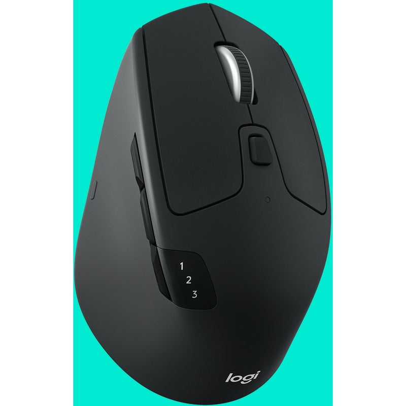 Angled view of M720 Triathlon mouse on turquoise background